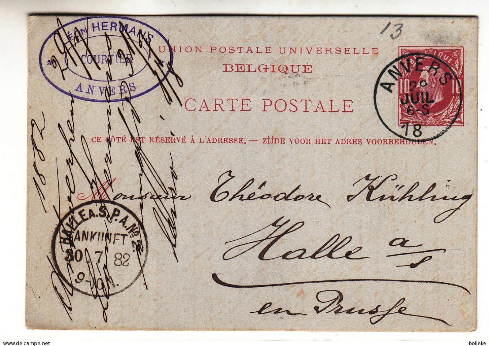 Belgique - Carte Postale De 1882 - Entier Postal - Oblit Anvers - Exp Vers Halle Am See - - 1869-1883 Leopold II