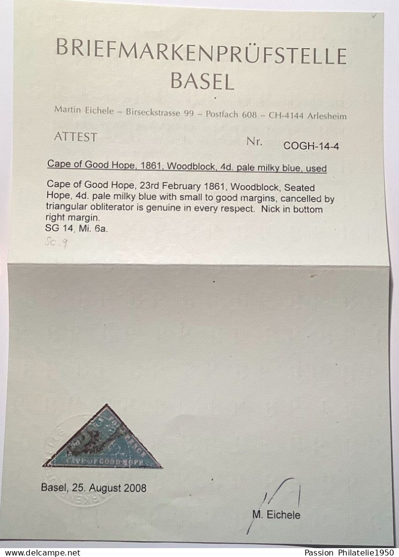 With Cert. COGH 1861 Rare Woodblock In Good Condition 4d Pale Milky Blue, SG14 Used (Cape Of Good Hope South Africa GB - Cap De Bonne Espérance (1853-1904)