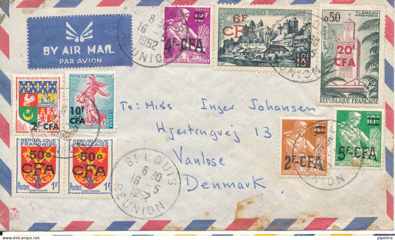 France Reunion Air Mail Cover Sent To Denmark St. Louis 16-5-1952 With A Lot Of Overprinted CFA Stamps See Backside Of T - Poste Aérienne