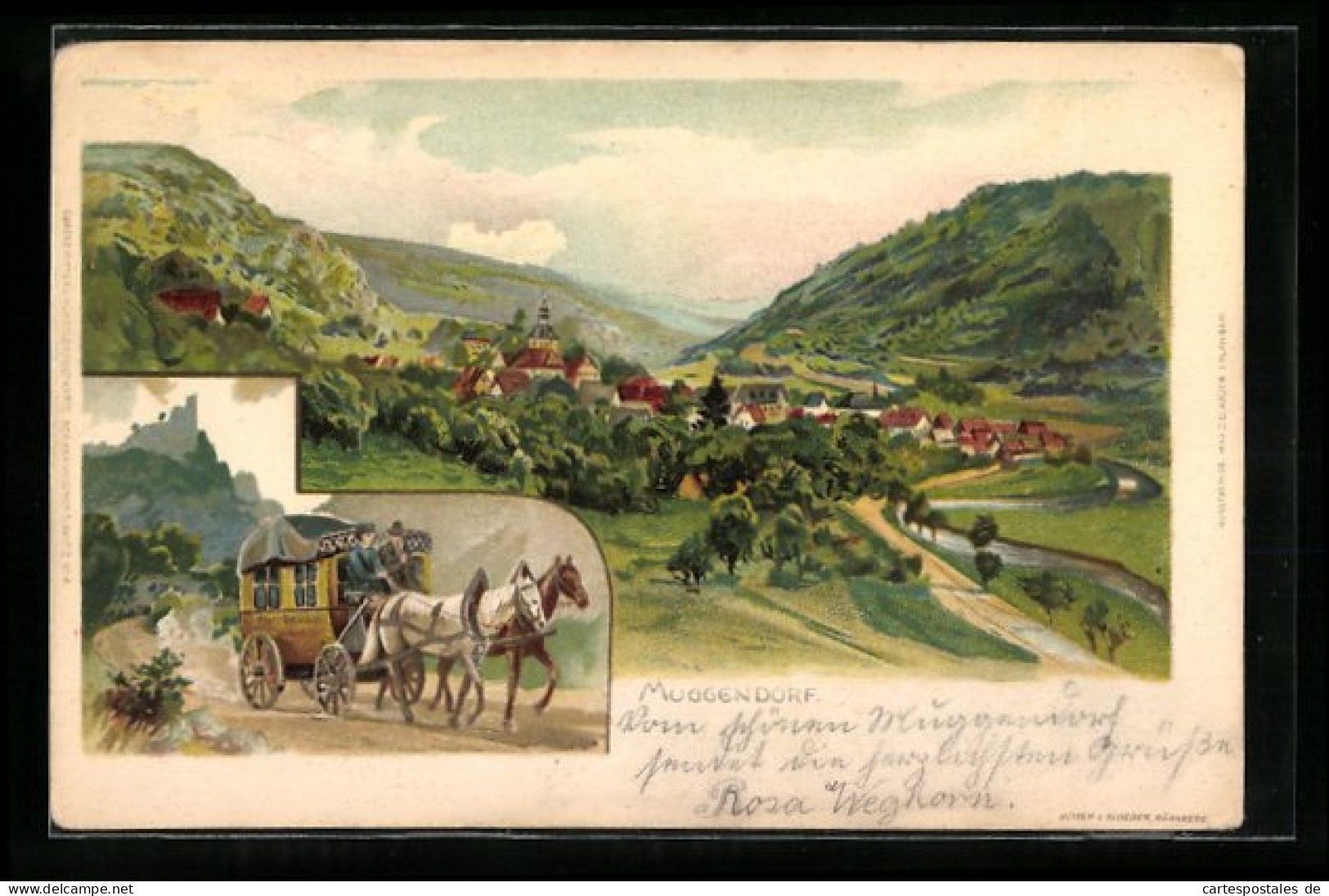 Lithographie Muggendorf, Postkutsche Auf Dem Weg In Den Ort, Orts-Panorama  - Post
