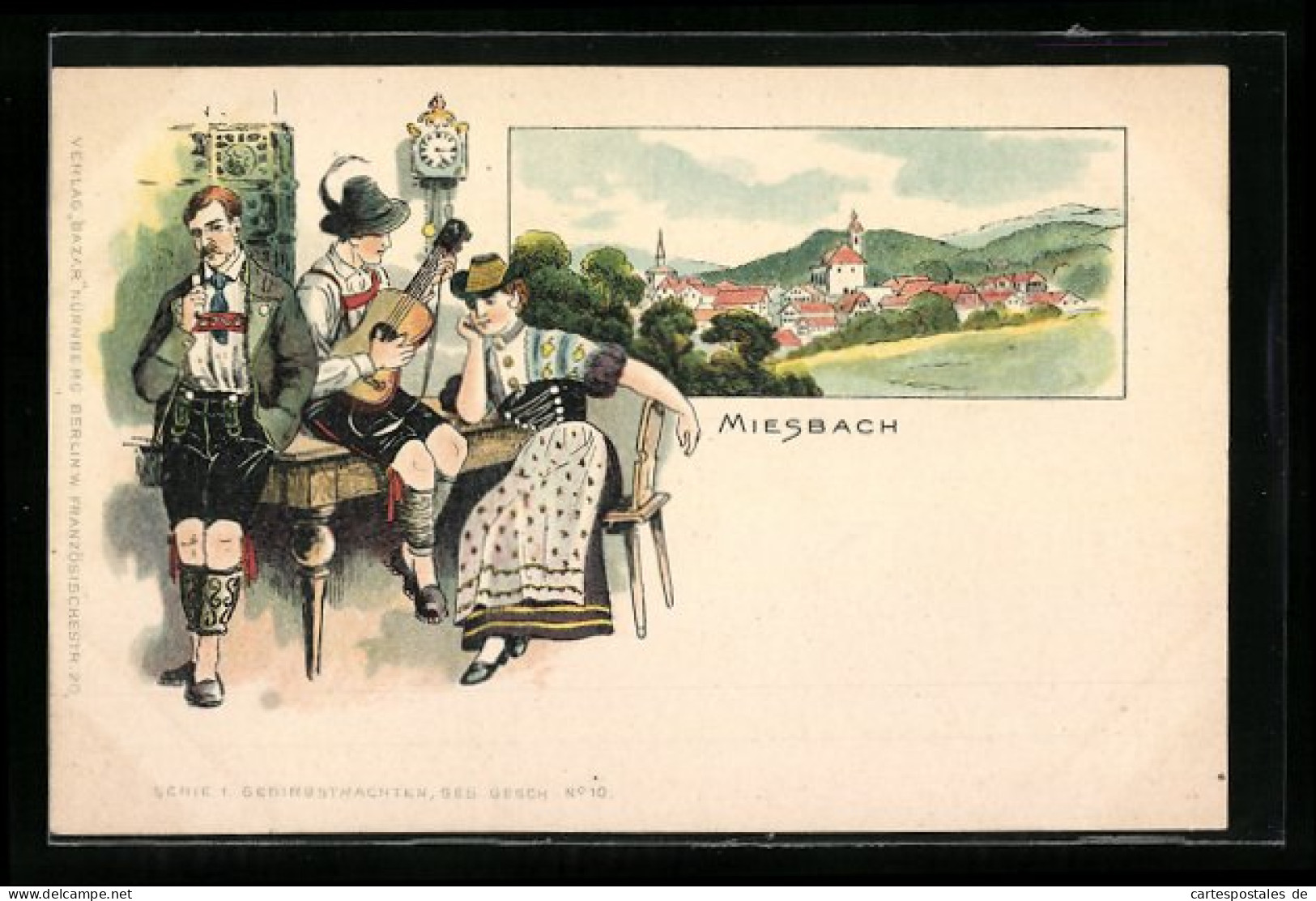 Lithographie Miesbach, Teilansicht, Bayern In Tracht  - Miesbach