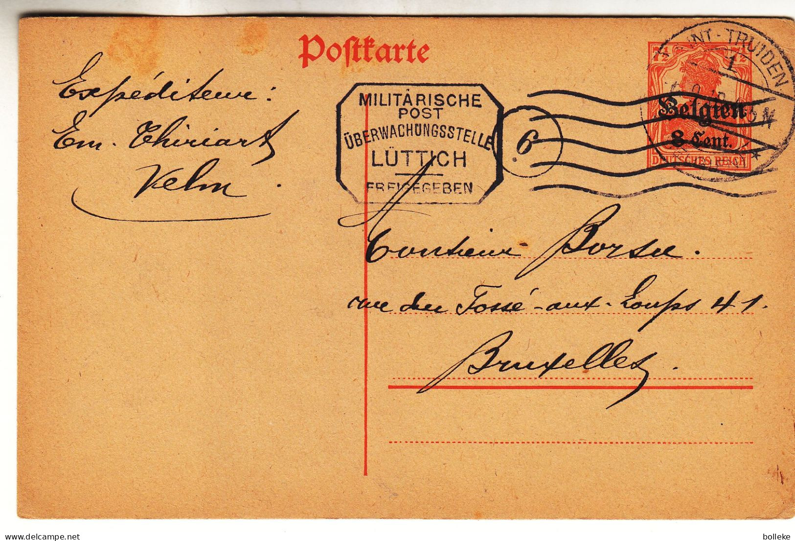 Belgique - Carte Postale De 1918 - Entier Postal - Oblit Sint Truiden - Exp Vers Bruxelles - Avec Censure - - OC26/37 Etappengebiet