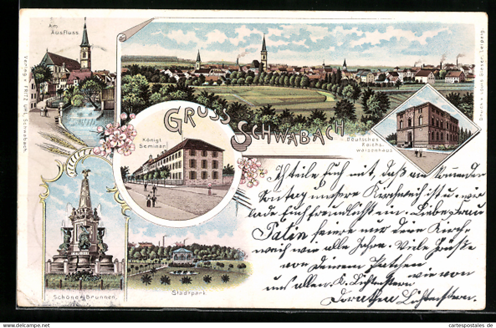 Lithographie Schwabach, Deutsches Reichswaisenhaus, Am Ausfluss, Königl. Seminar, Schöner Brunnen, Stadtpark  - Schwabach