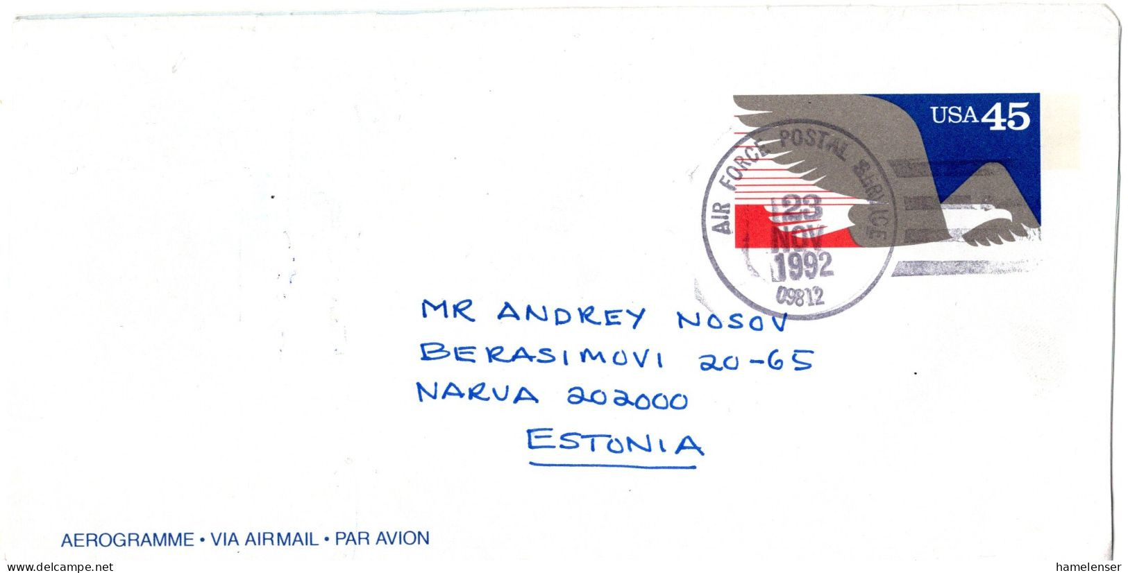 77494 - USA - 1992 - 45¢ GAAerogramm AIR FORCE POSTAL SERVICE 09812 -> NARVA (Estland) - Storia Postale