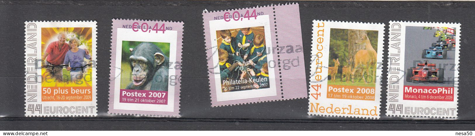 Nederland Persoonlijke Zegels: 5 St; 50 Plusbeurs, Posttex 2007 Aap,Phialelia Keulen, Postex 2008, Monacophil Formule1 - Used Stamps