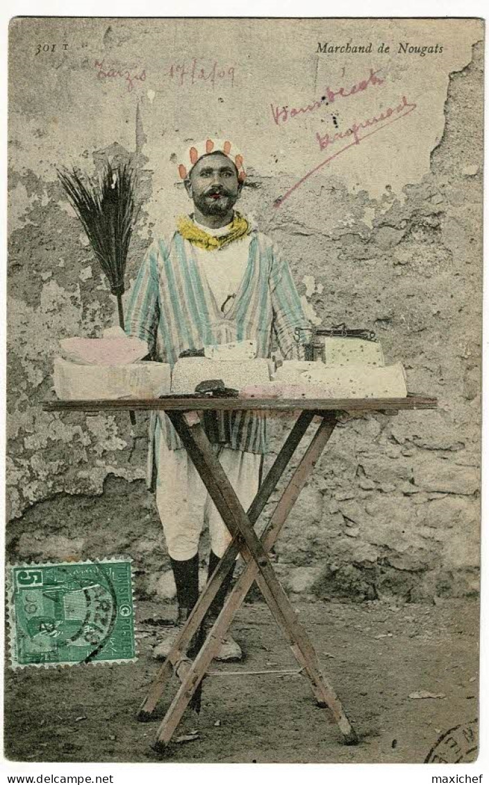 Marchand De Nougats (derrière Son étal Pliable) Balai De Plume Et Balance Romaine) Circulé 1909 Depuis Zarzis, Tunisie - Vendedores Ambulantes