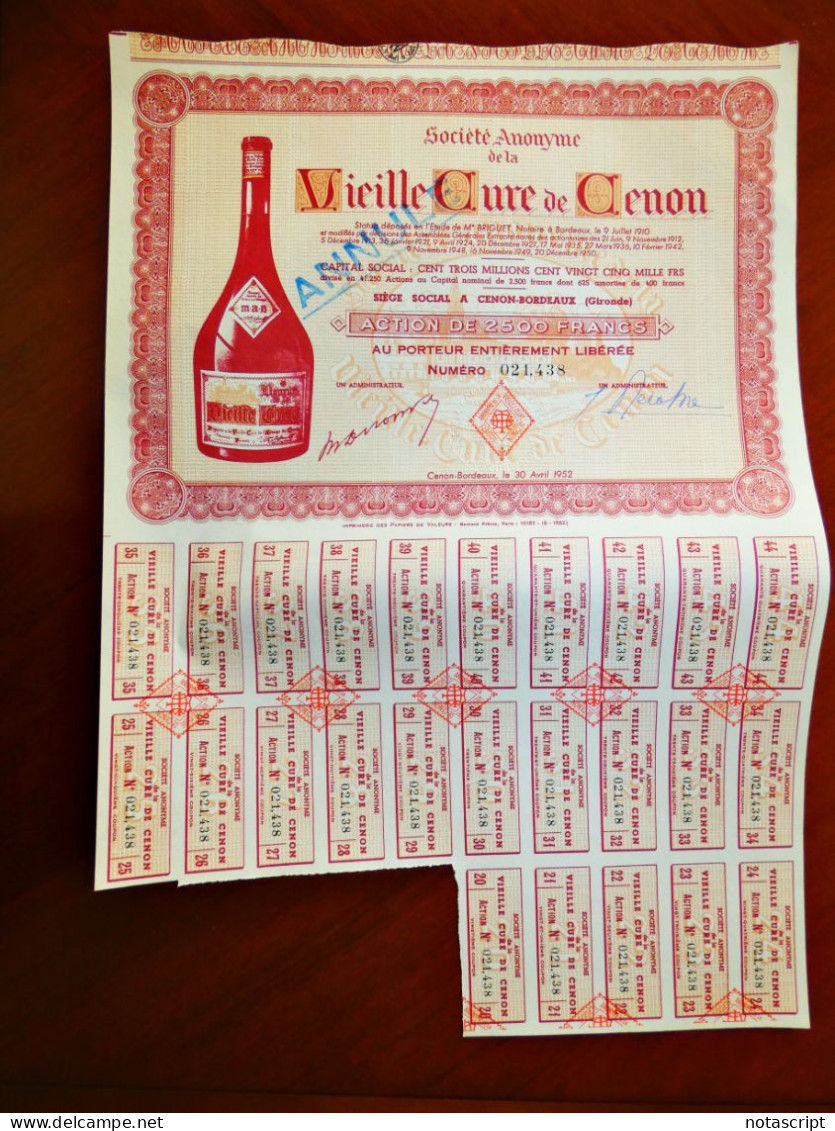 "Vieille Cure De Cenon" , Bordeaux,France  1952 ,Liquor,share Certificate , - Altri & Non Classificati