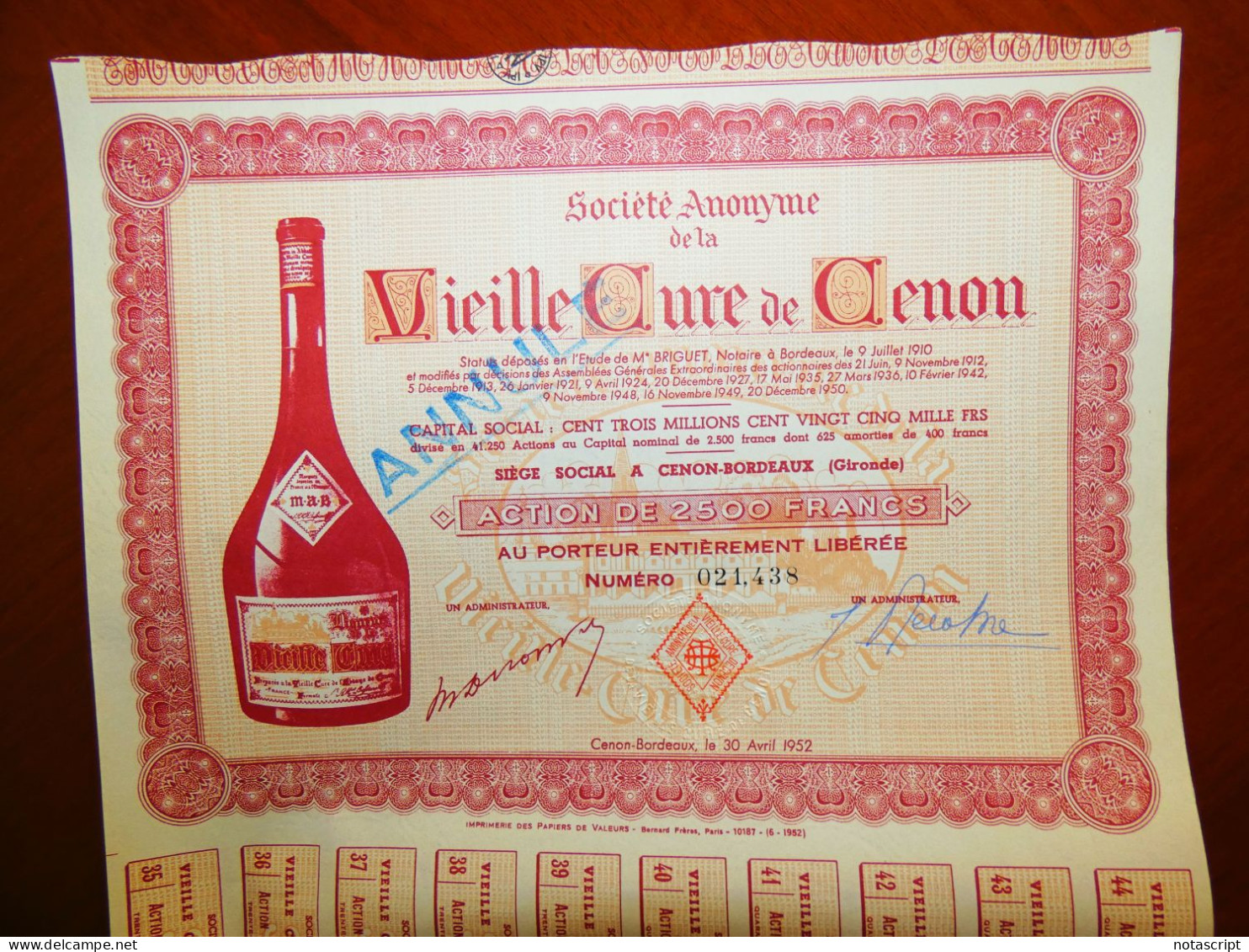 "Vieille Cure De Cenon" , Bordeaux,France  1952 ,Liquor,share Certificate , - Altri & Non Classificati