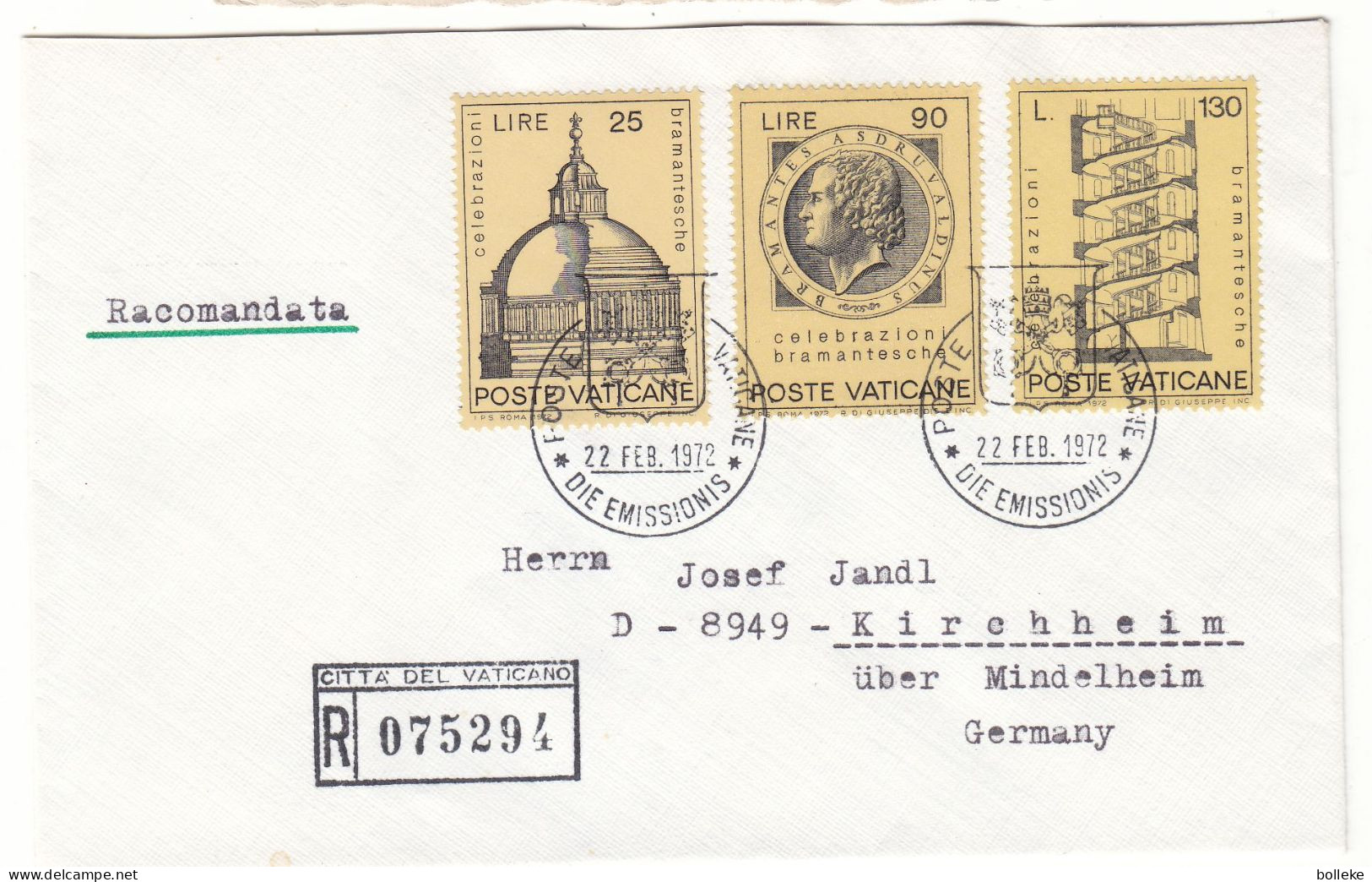 Vatican - Lettre Recom De 1972 - Oblit Poste Vaticane - Exp Vers Kirchheim - Architect - - Covers & Documents