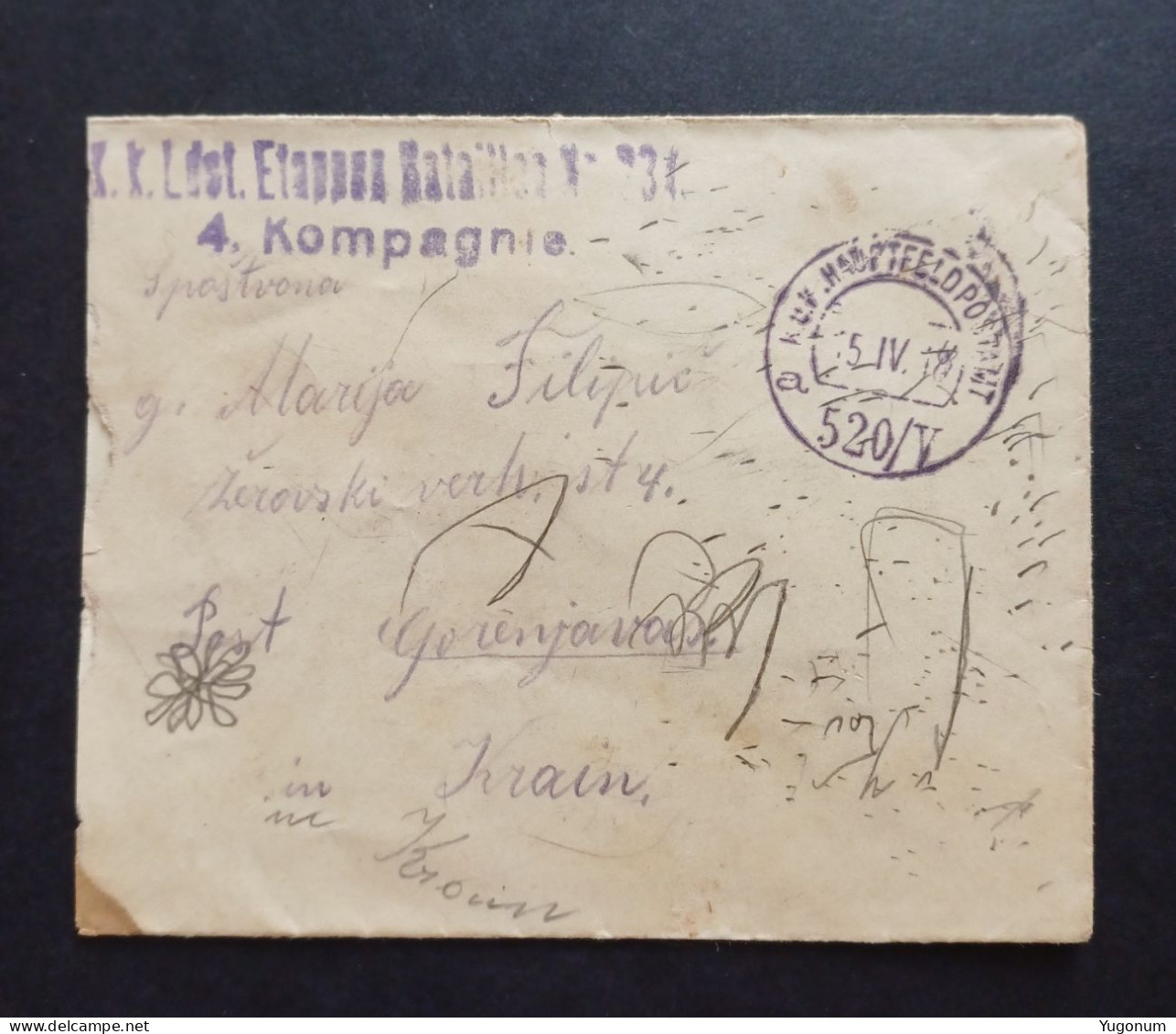Austria-Hungary Slovenia WWI Small Letter K.u.K. Feldpost -> GORENJA VAS (No 3074) - Slovénie