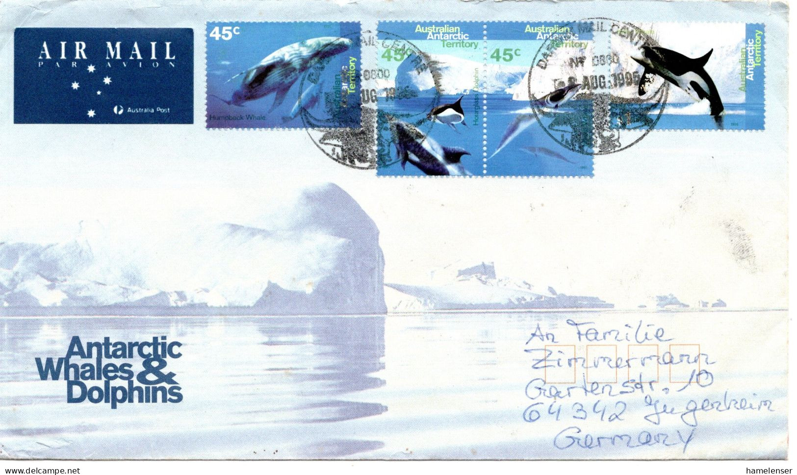 77498 - Australien / AAT - 1995 - 4@45c Wale Satz A LpBf DARWIN -> Deutschland - Whales