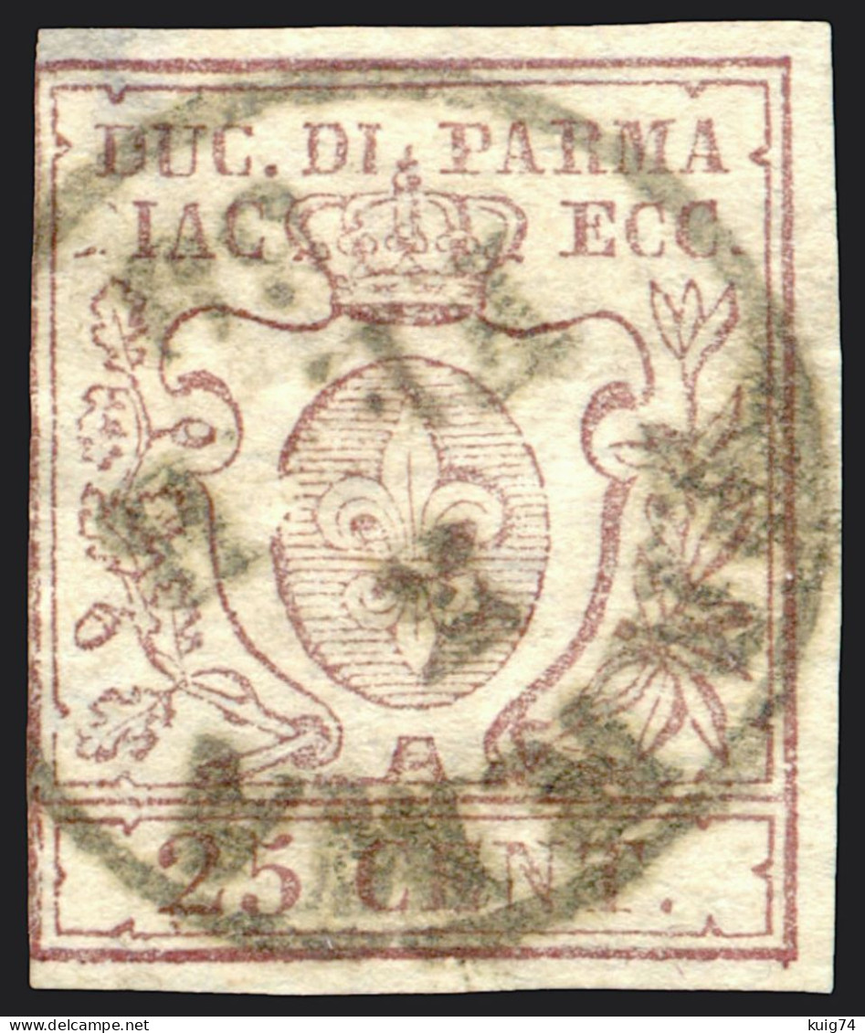 1857-59 PARMA 25 CENT. BRUNO LILLA CHIARO N.10 USATO - USED - Parme