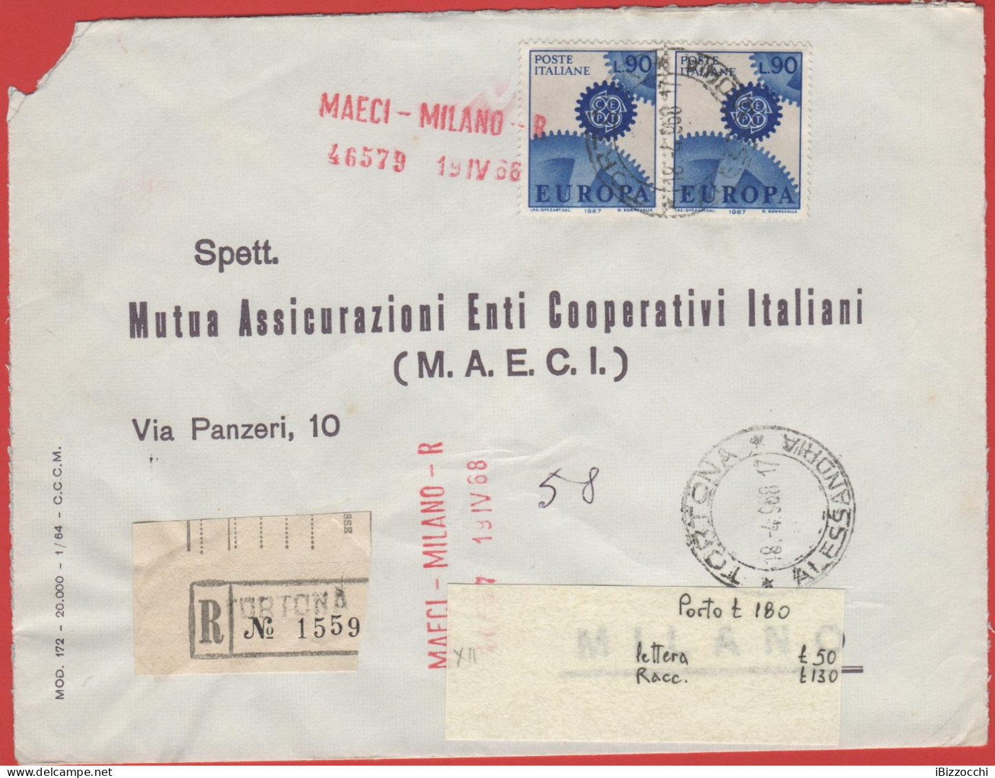ITALIA - Storia Postale Repubblica - 1968 - 2x 90 Europa 12ª Emissione; Ruote Dentate - Raccomandata - Viaggiata Da Tort - 1961-70: Poststempel
