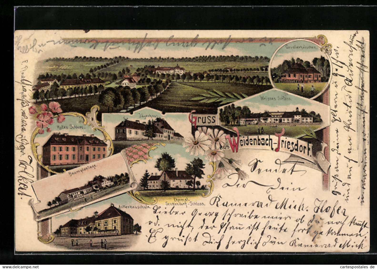 Lithographie Weidenbach-Triesdorf, Rotes Schloss, Cavalierhäuschen, Jägerhaus, Baumplantage  - Weiden I. D. Oberpfalz