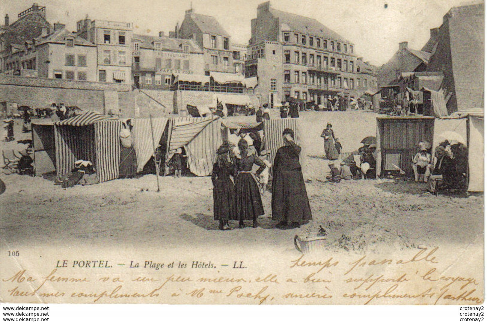 62 LE PORTEL N°105 La Plage Hôtels Des Bains Belle Vue Café Restaurant Du Port En 1902 Animée Femme Fillettes VOIR DOS - Le Portel