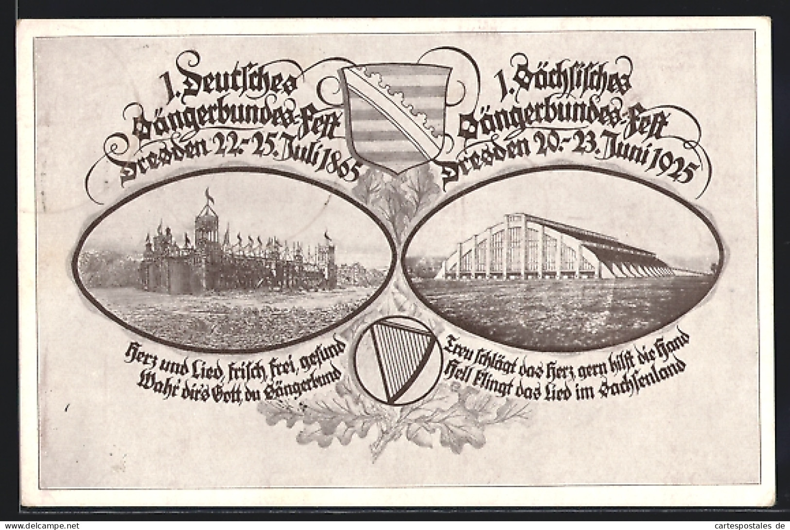 AK Dresden, 1. Deutsches Sängerbundesfest 1865 Und 1. Sächsisches Sängerbundesfest 1925, Festhallen, Wappen  - Otros & Sin Clasificación