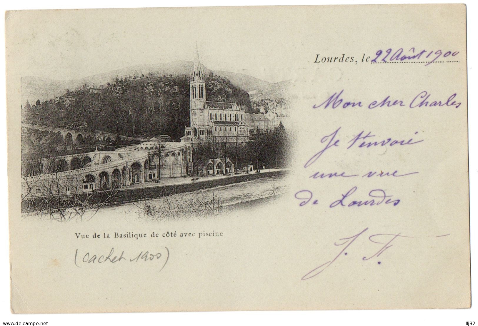 CPA 65 - LOURDES (Hautes Pyrénées) - Vue De La Basilique De Côté Avec Piscine - Dos Non Divisé, Cachet De 1900 - Lourdes