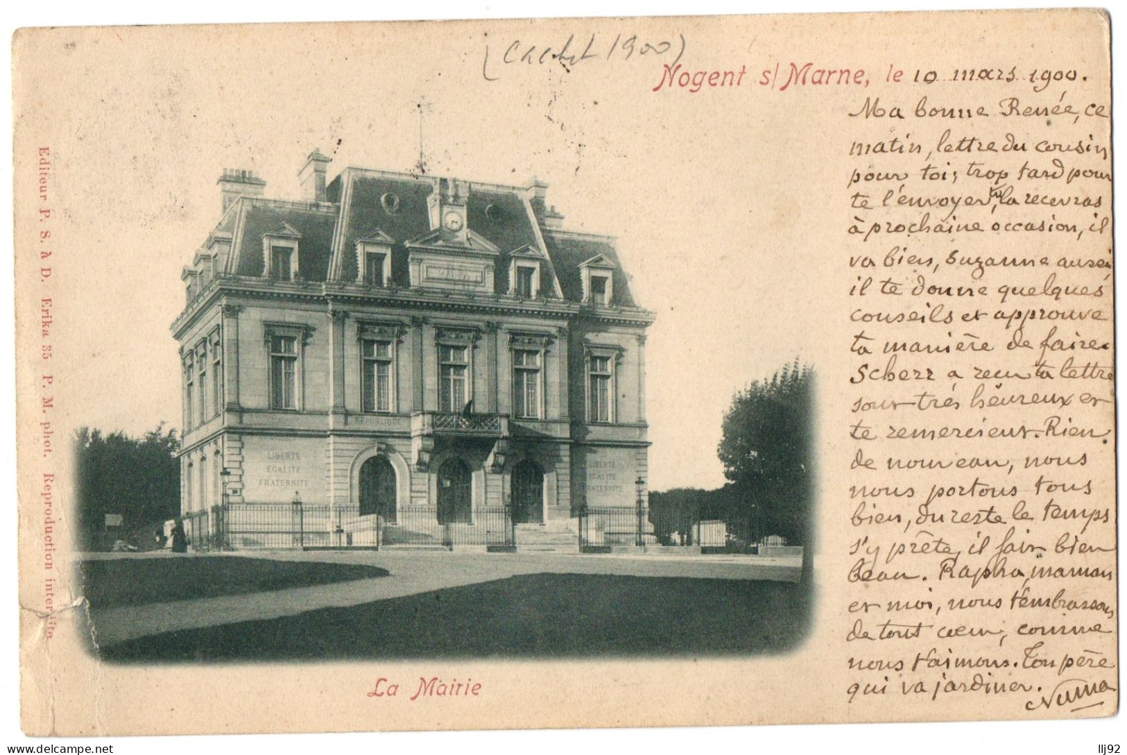 CPA 94 - NOGENT SUR MARNE (Val De Marne) - La Mairie - Dos Non Divisé, Cachet De 1900 - Nogent Sur Marne
