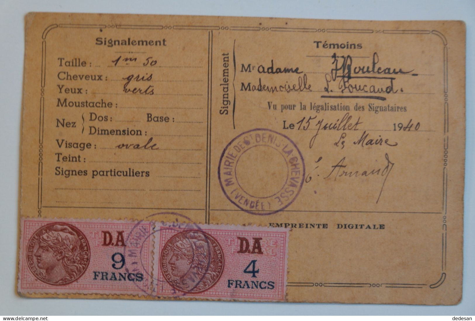 Carte Identité Juillet 1940 D'une Personne Née En 1873 - CHA01 - Historical Documents