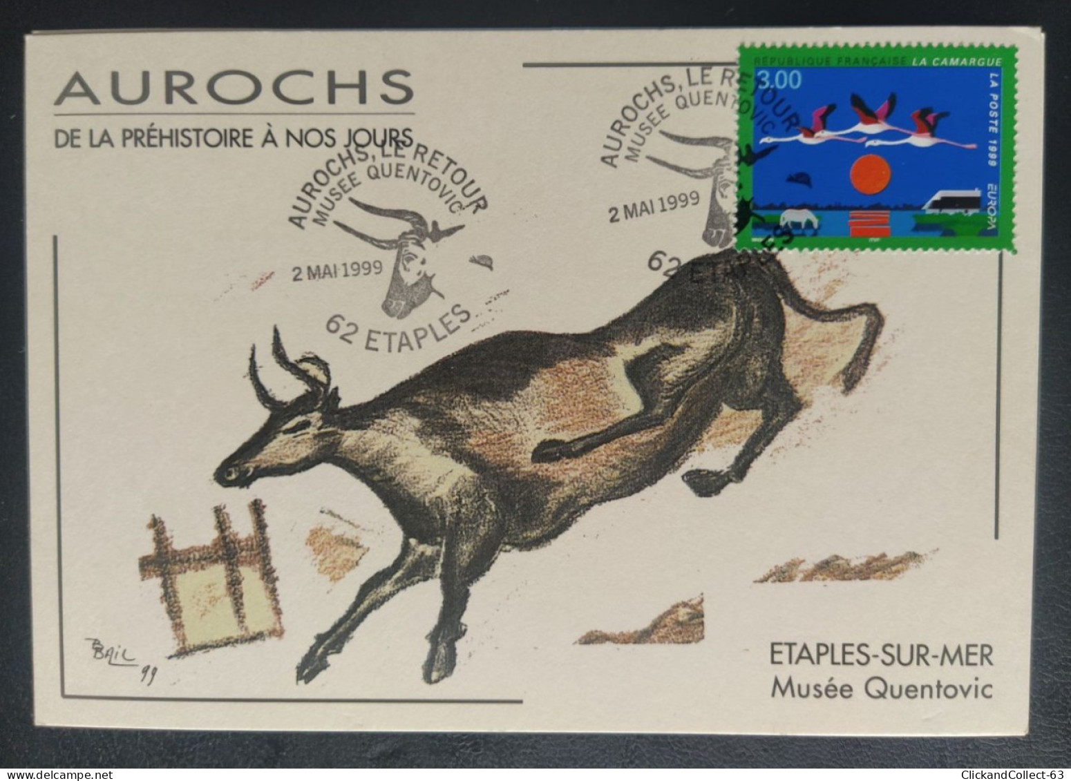 Carte Timbre N° 3250 Oblitéré Étaples 1999 Préhistoire Auroch D’après Lascaux Musée Quentovic Préhistorique Europa - 1990-1999