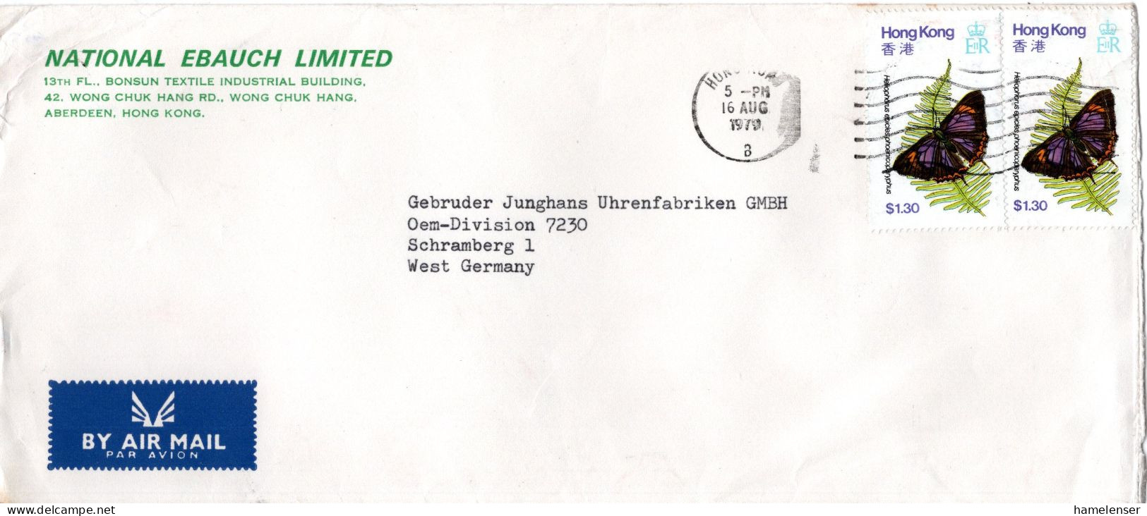 L77500 - Hong Kong - 1979 - 2@$1,30 Schmetterlinge A LpBf HONG KONG -> Westdeutschland - Vlinders