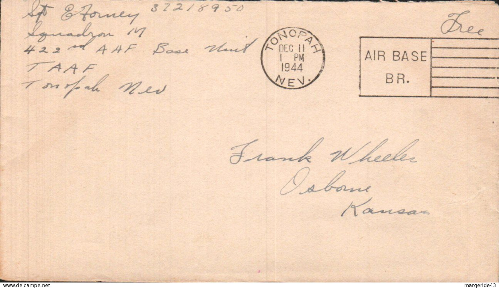 USA ETATS UNIS SEUL SUR LETTRE  FRANCHISE MILITAIRE DE TONOPAH AIR BASE 1944 - Briefe U. Dokumente