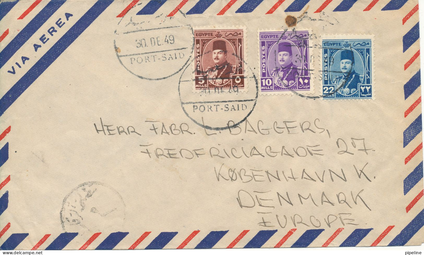 Egypt Air Mail Cover Sent To Denmark Port Said 30-1-1949 - Cartas & Documentos