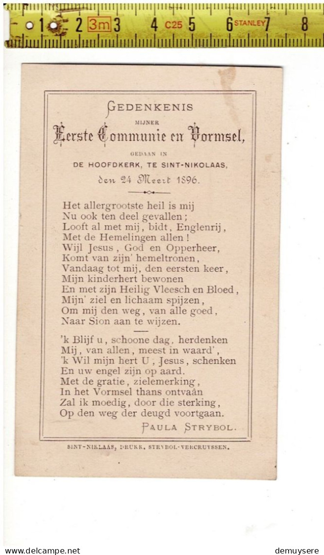 KL 5307 - VOICI LE PAIN DES ANGES - COMMUNIE VAN PAULA STRYBOL SINT NIKOLAAS 1896 - Devotieprenten