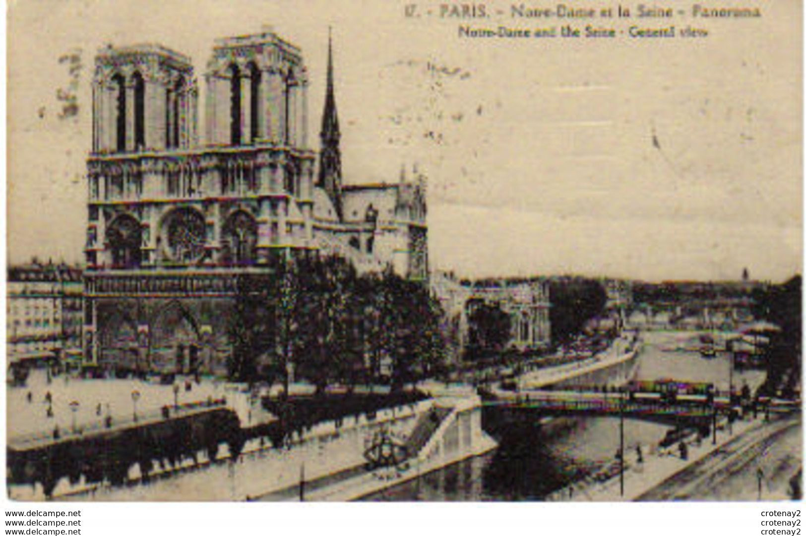 75 PARIS N°17 NOTRE DAME Et Sa Flèche La Seine Panorama Avec Tram Tramway L'Abeille En 1924 - El Sena Y Sus Bordes