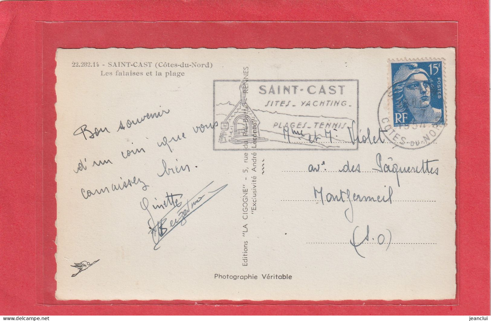 SAINT-CAST . LES FALAISES ET LA PLAGE . CARTE AFFR AU VERSO EN JUILLET 1954 . 2 SCANNES - Saint-Cast-le-Guildo