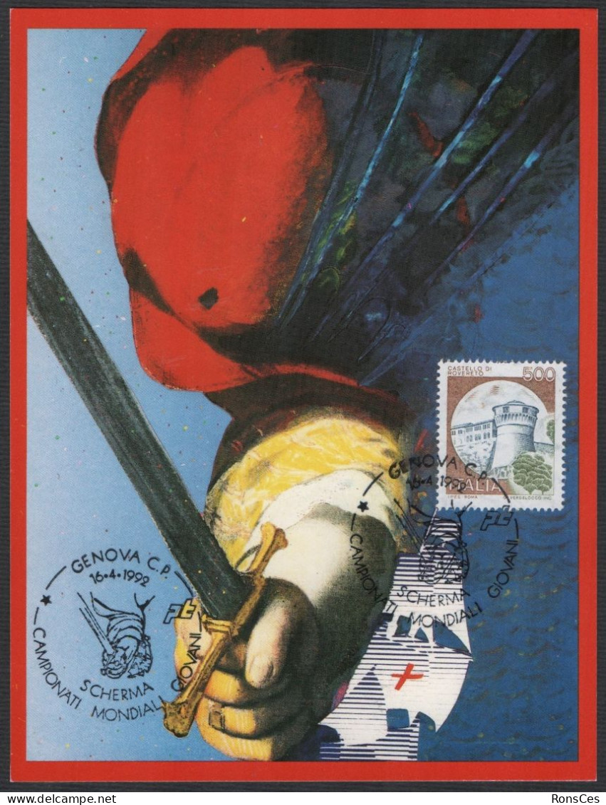 FENCING - ITALIA GENOVA 1992 - CAMPIONATI MONDIALI GIOVANILI DI SCHERMA - CARTOLINA UFFICIALE - A - Fechten