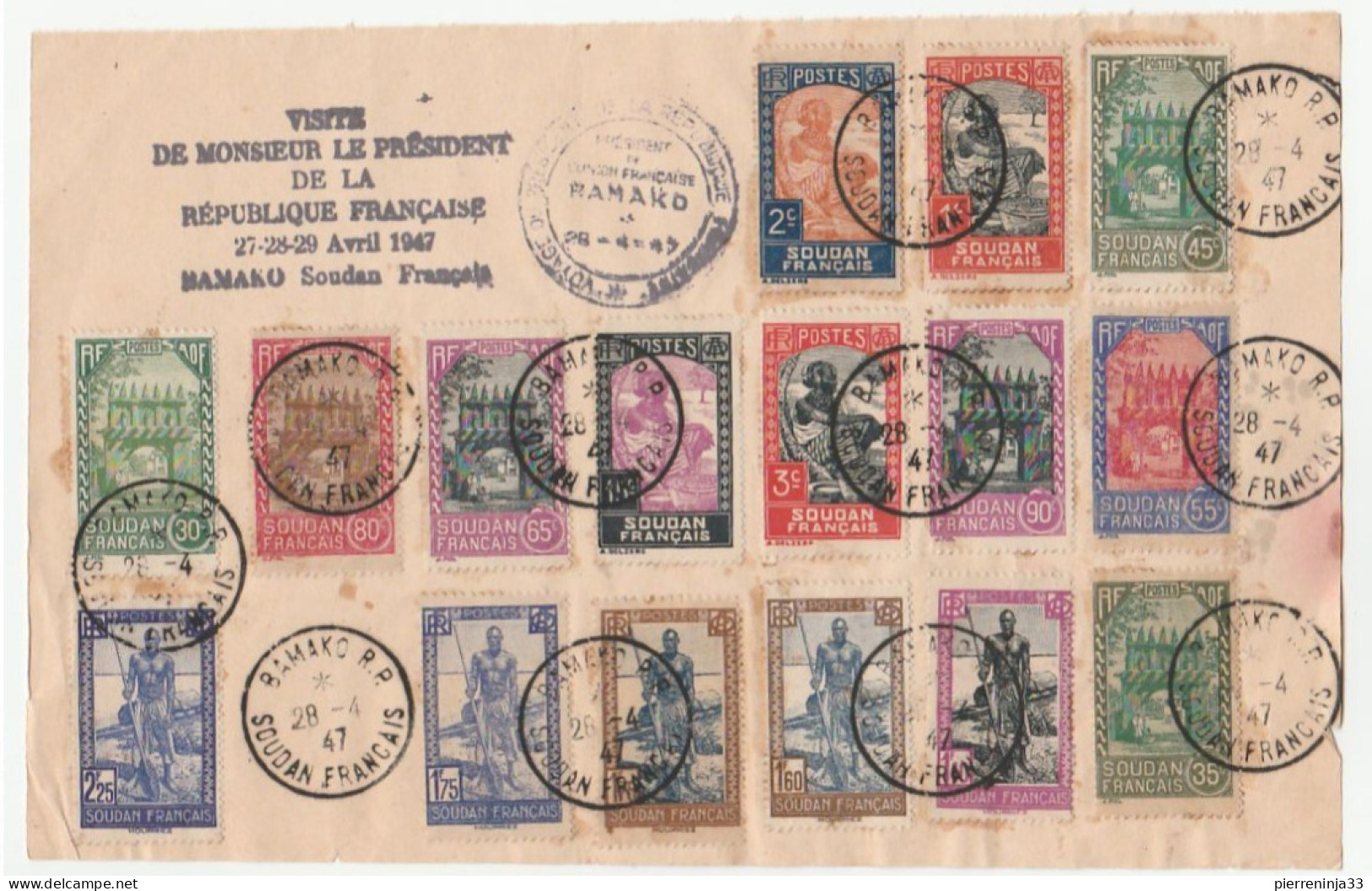 Soudan Français / Bamako, Nombreux Timbres Sur Feuille /visite Du Président De La République Française, 1947/ V. Auriol - Brieven En Documenten