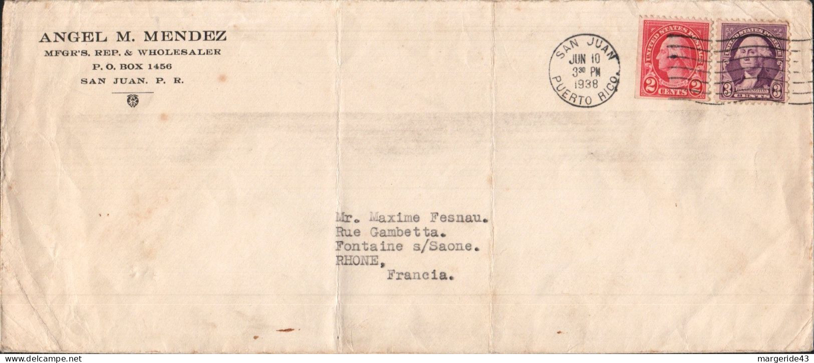 USA ETATS UNIS AFFRANCHISSEMENT COMPOSE SUR LETTRE DE PORTO RICO POUR LA FRANCE 1938 - Storia Postale