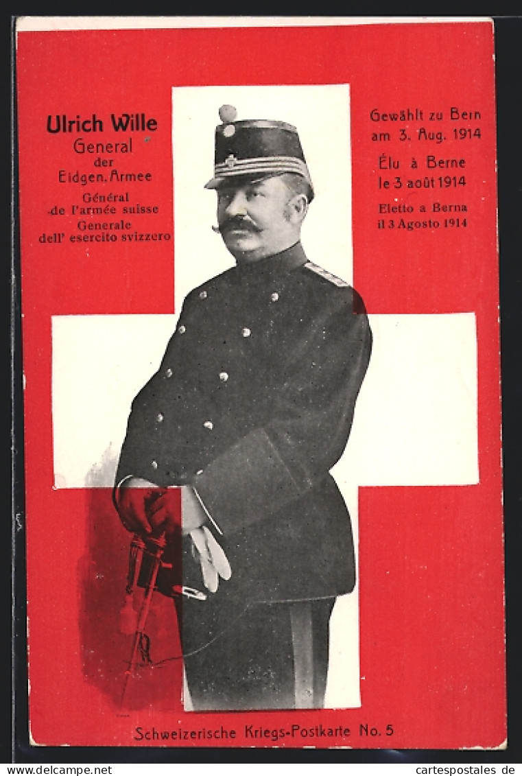 AK Schweizer General Ulrich Wille In Uniform Vor Weissem Kreuz  - War 1914-18