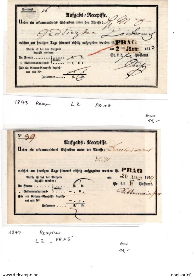 1837 ,1861, 2 Recepissen , Je Klar  " PRAG " L1 Und Kursiv-L1 ,#141 - ...-1850 Prephilately