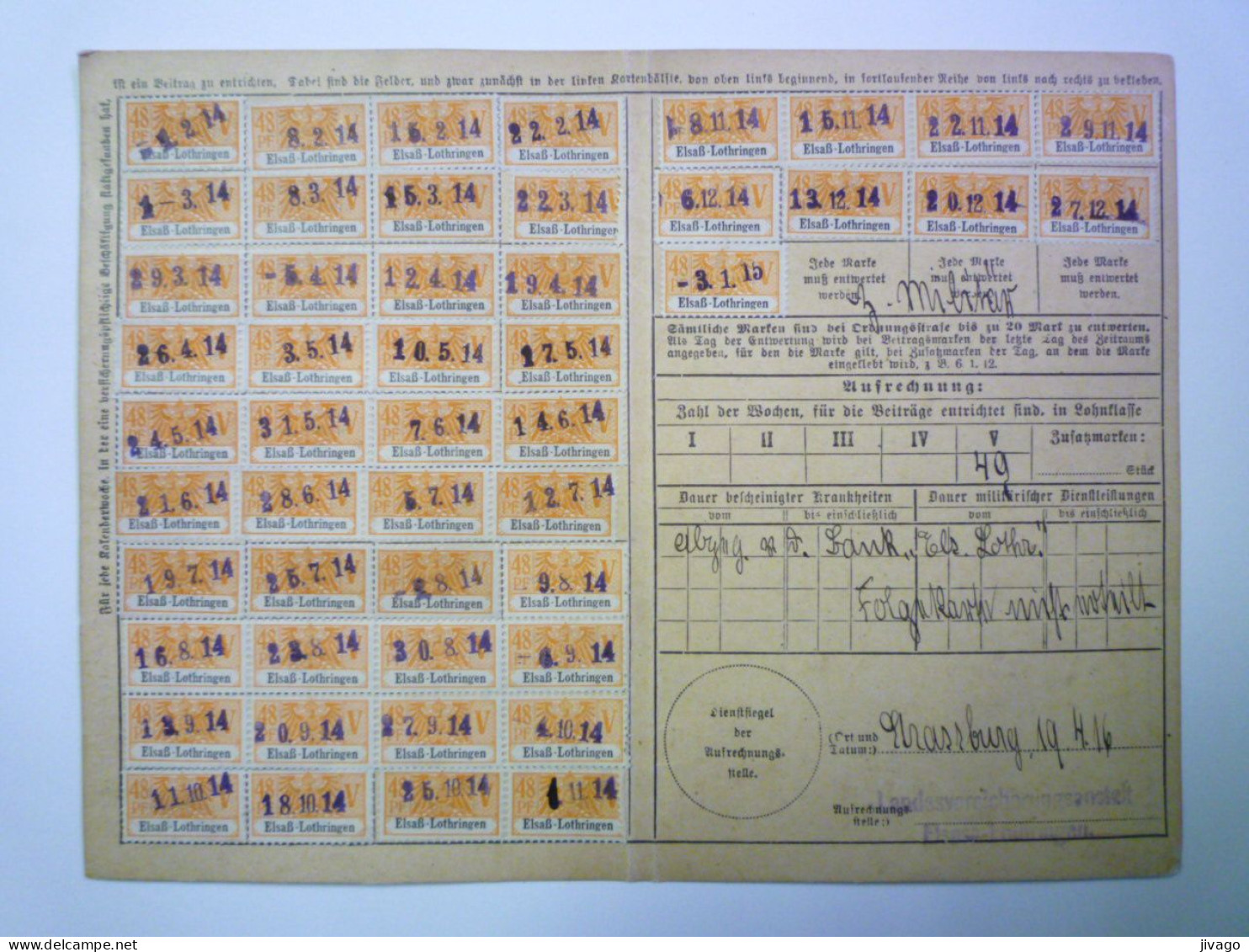 2024 - 1487  TIMBRES FISCAUX D'ALSACE - LORRAINE  1914 -1915  Sur Quittungskarte   XXX - Lettres & Documents