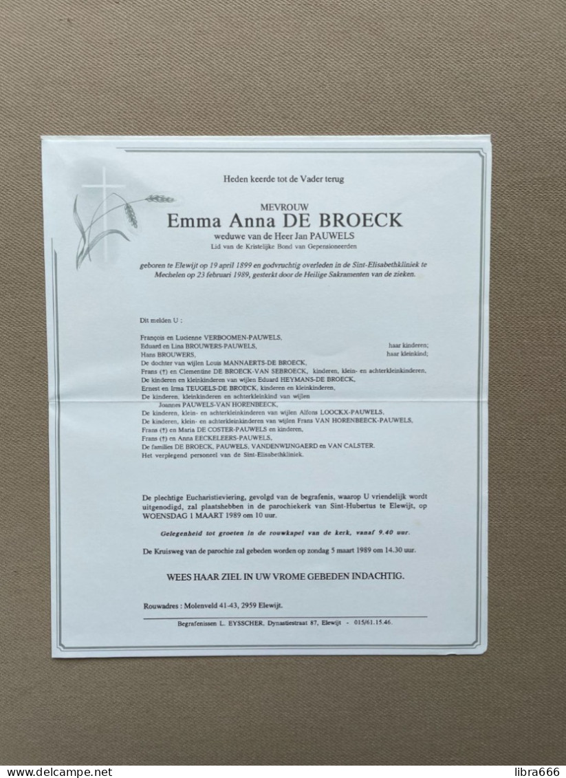 DE BROECK Emma Anna °ELEWIJT 1899 +MECHELEN 1989 - PAUWELS - VANDENWIJNGAERD - VAN CALSTER - VERBOOMEN - BROUWERS - Décès