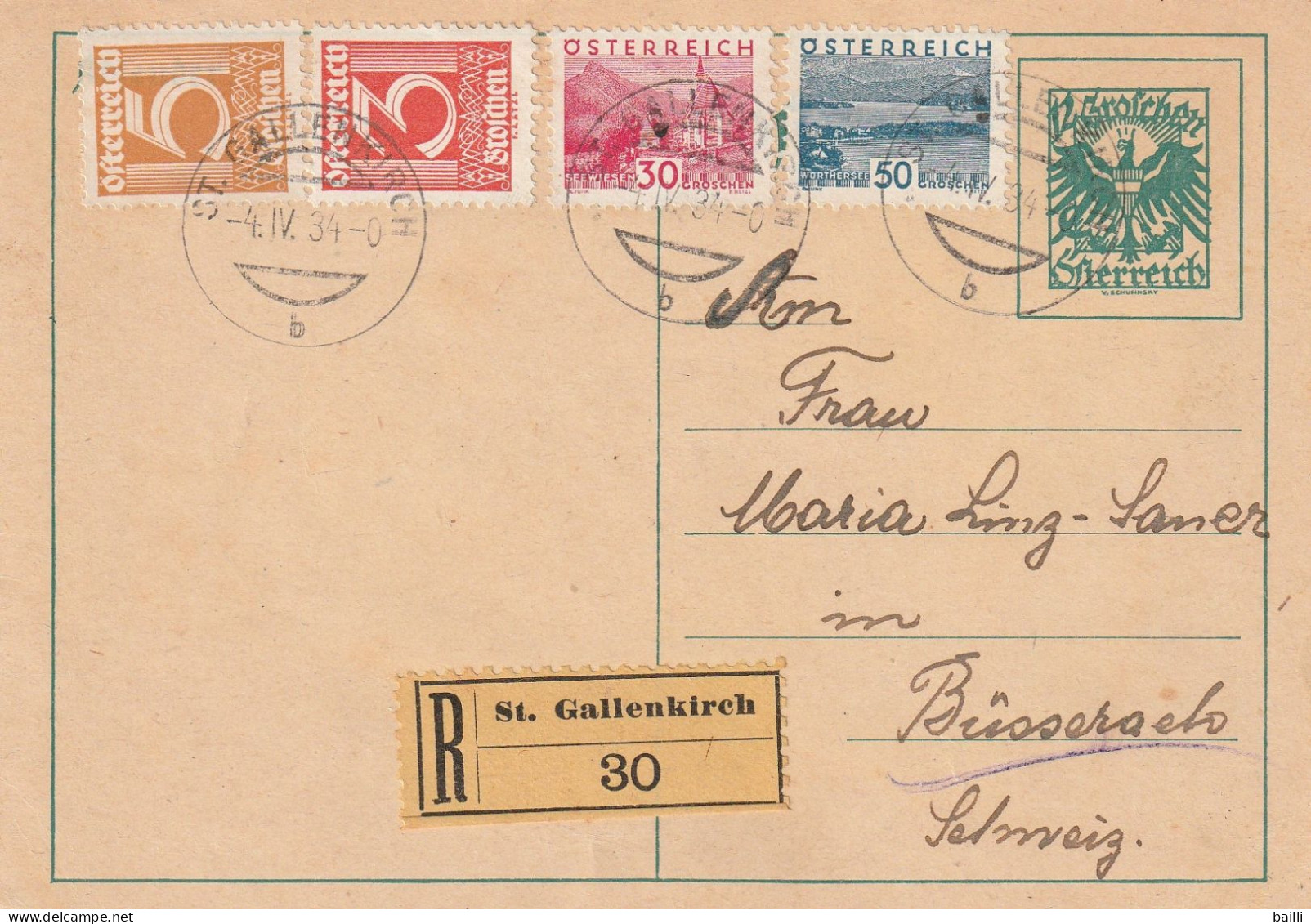 Autriche Entier Postal Recommandé St Gallenkirch Pour La Suisse 1934 - Cartes Postales