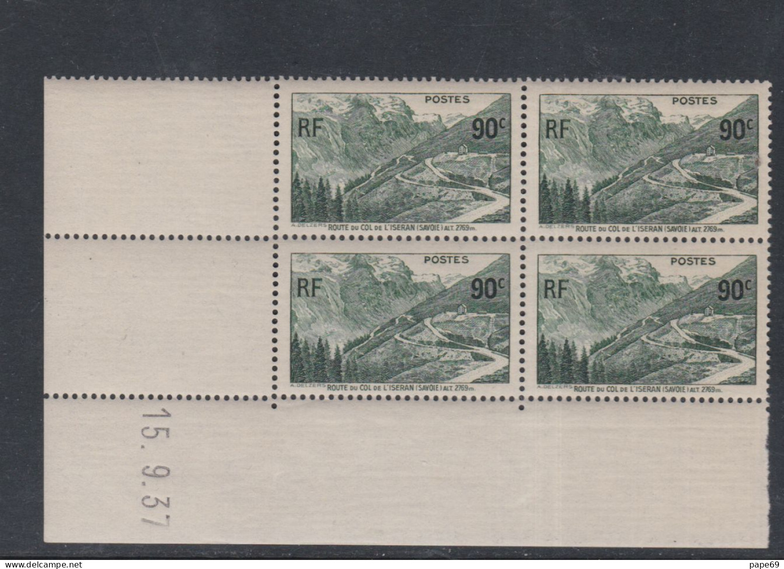 France N° 358 XX Ouverture Route Du Col De L'Iseran En Boc De 4 Coin Daté Du 15 . 9 . 37, Trace Ch. Sur Bord Feuille, TB - 1930-1939