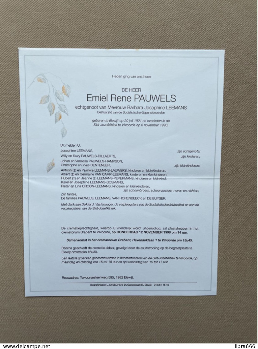 PAUWELS Emiel Rene °ELEWIJT 1921 +VILVOORDE 1998  LEEMANS - VAN HORENBEECK - DE BUYSER - DILLAERTS - HAMPSON - DENTENEER - Décès