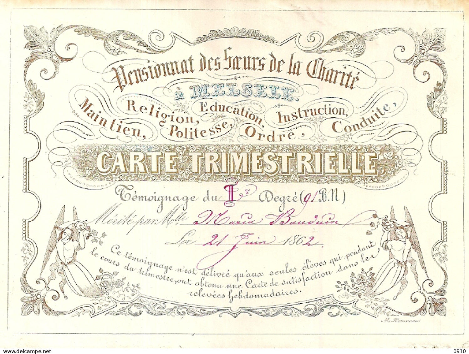 MELSELE "CARTE TRIMESTRIELLE-PENSIONNAT DES SOEURS DE LA CHARITE "LITH.HERMANS - Diplomas Y Calificaciones Escolares