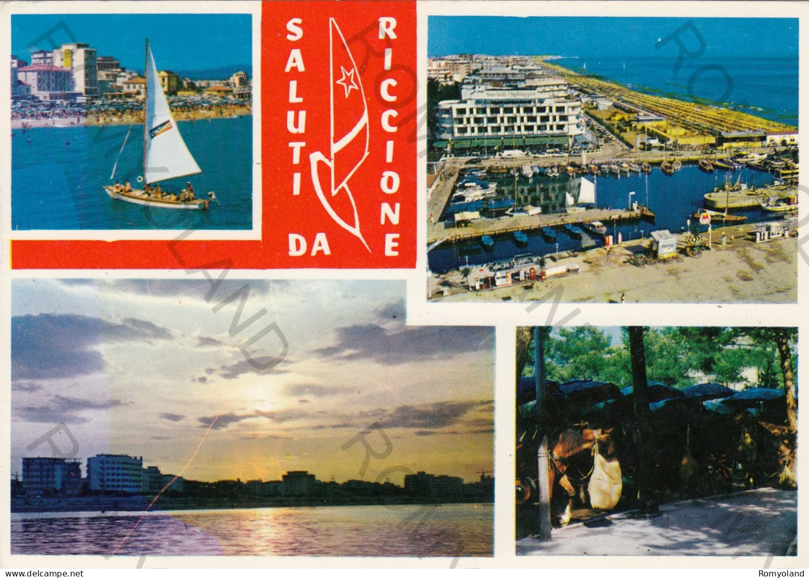 CARTOLINA  C8 RICCIONE,RIMINI,EMILIA ROMAGNA-SALUTI DA RICCIONE-MARE,VACANZA,BARCHE A VELA,BELLA ITALIA,VIAGGIATA 1955 - Rimini