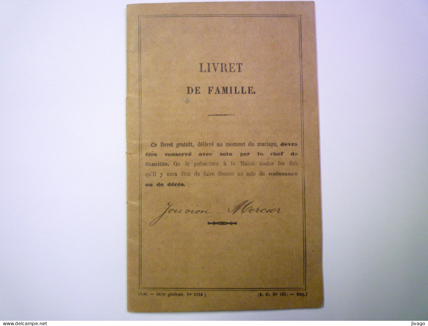 2024 - 1492  MERVILLE  :  LIVRET De FAMILLE De Marie Jean Alphonse Amédée JOUVION Né à Merville En 1843   XXX - Ohne Zuordnung