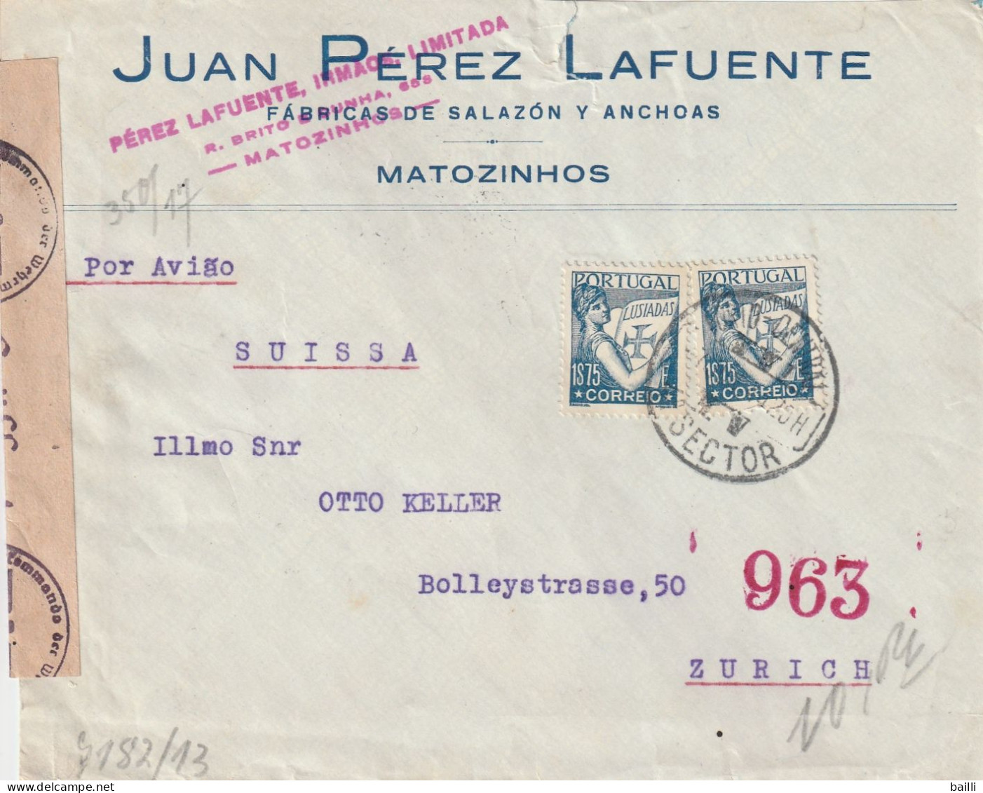 Portugal Lettre Censurée Pour La Suisse 1944 - Lettres & Documents
