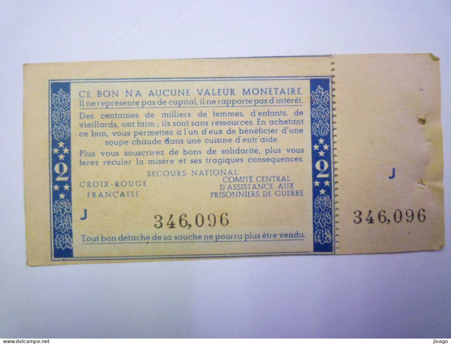 2024 - 1493  BON DE SOLIDARITE De  2 FRANCS  (Gouvernement De VICHY)   XXX - 1939-45