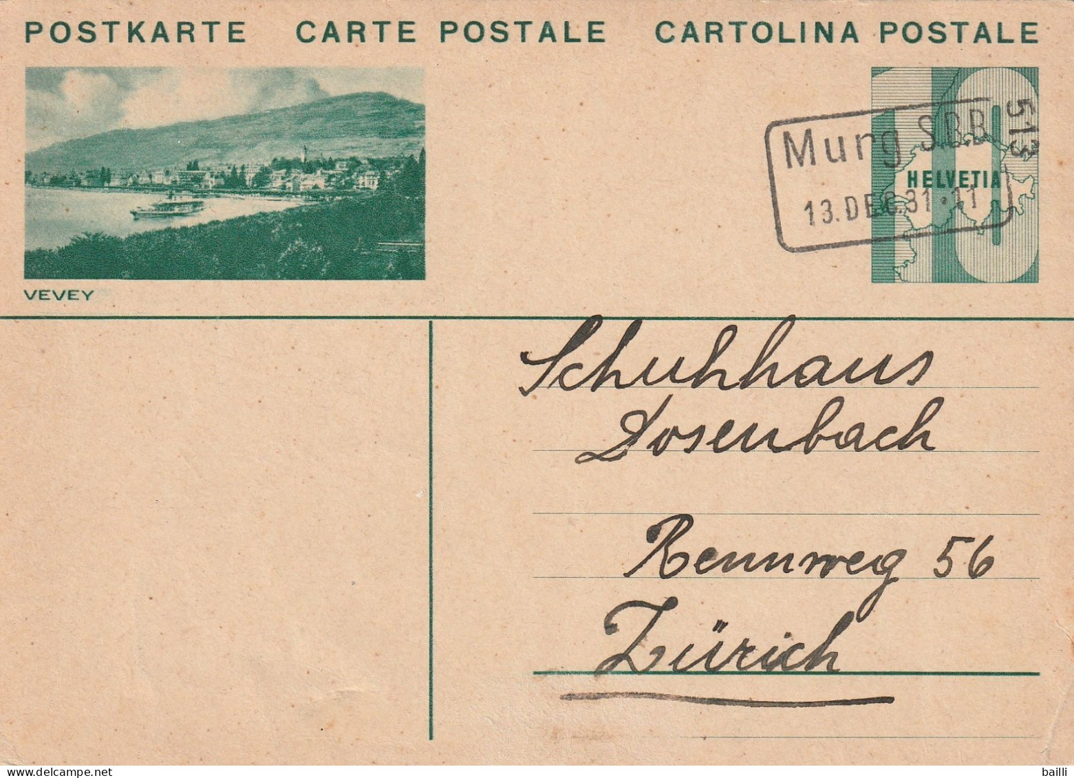 Suisse Cachet Rectangulaire Murg S.B.B. Sur Entier Postal 1931 - Stamped Stationery