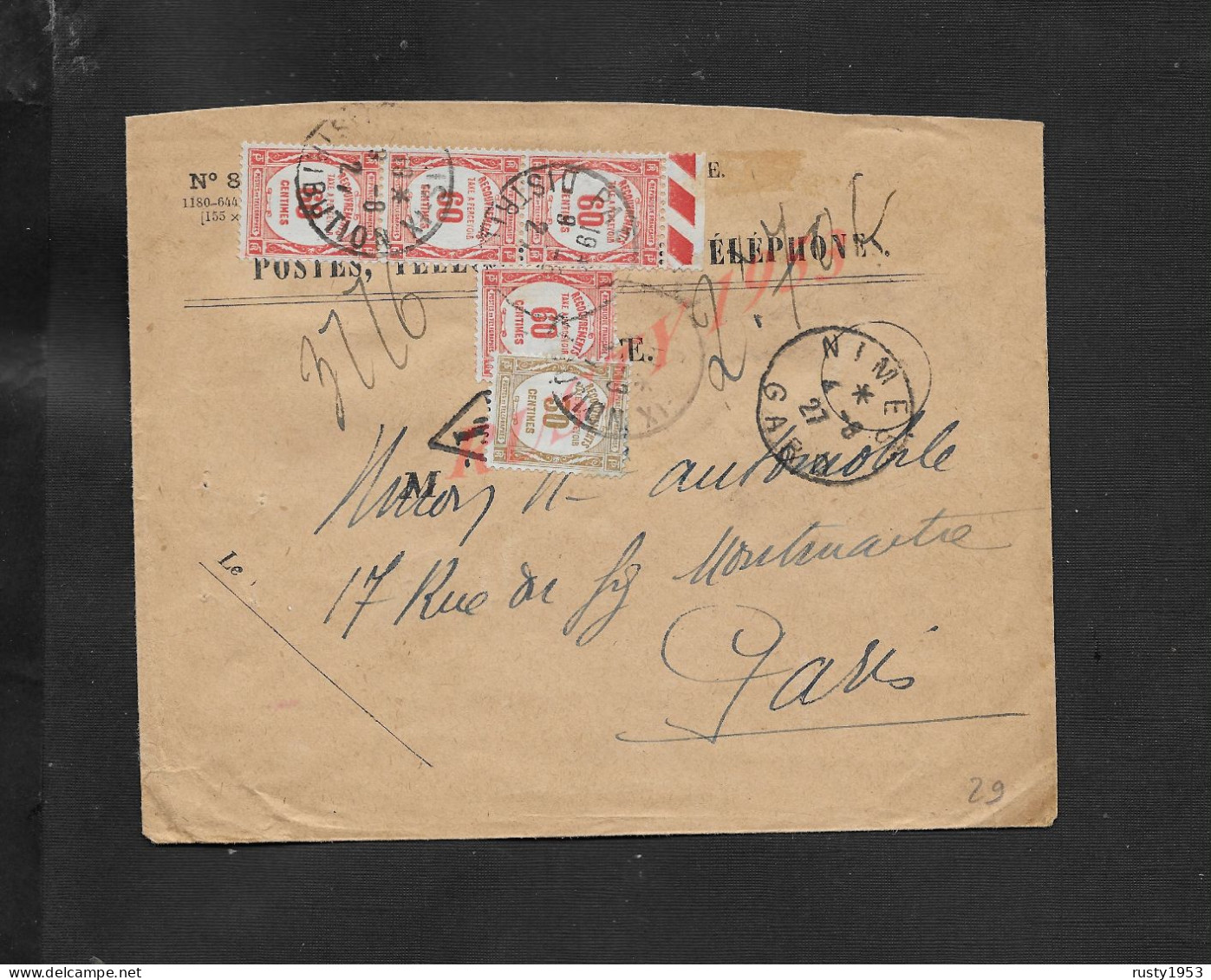 LETTRE POSTES TÉLÉGRAPHES & TELEPHONES DE 1927 TAXÉ SUR TIMBRE TAXE EN R CACHET NIMES SUR BANDE DE 3 X PARIS : - Telegramas Y Teléfonos