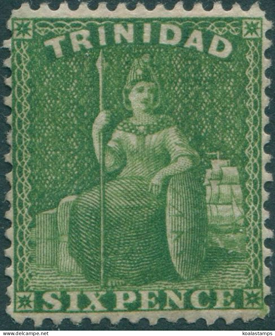 Trinidad 1876 SG77 6d Yellow-green Britannia Wmk Cc P14 MLH - Trinidad & Tobago (1962-...)