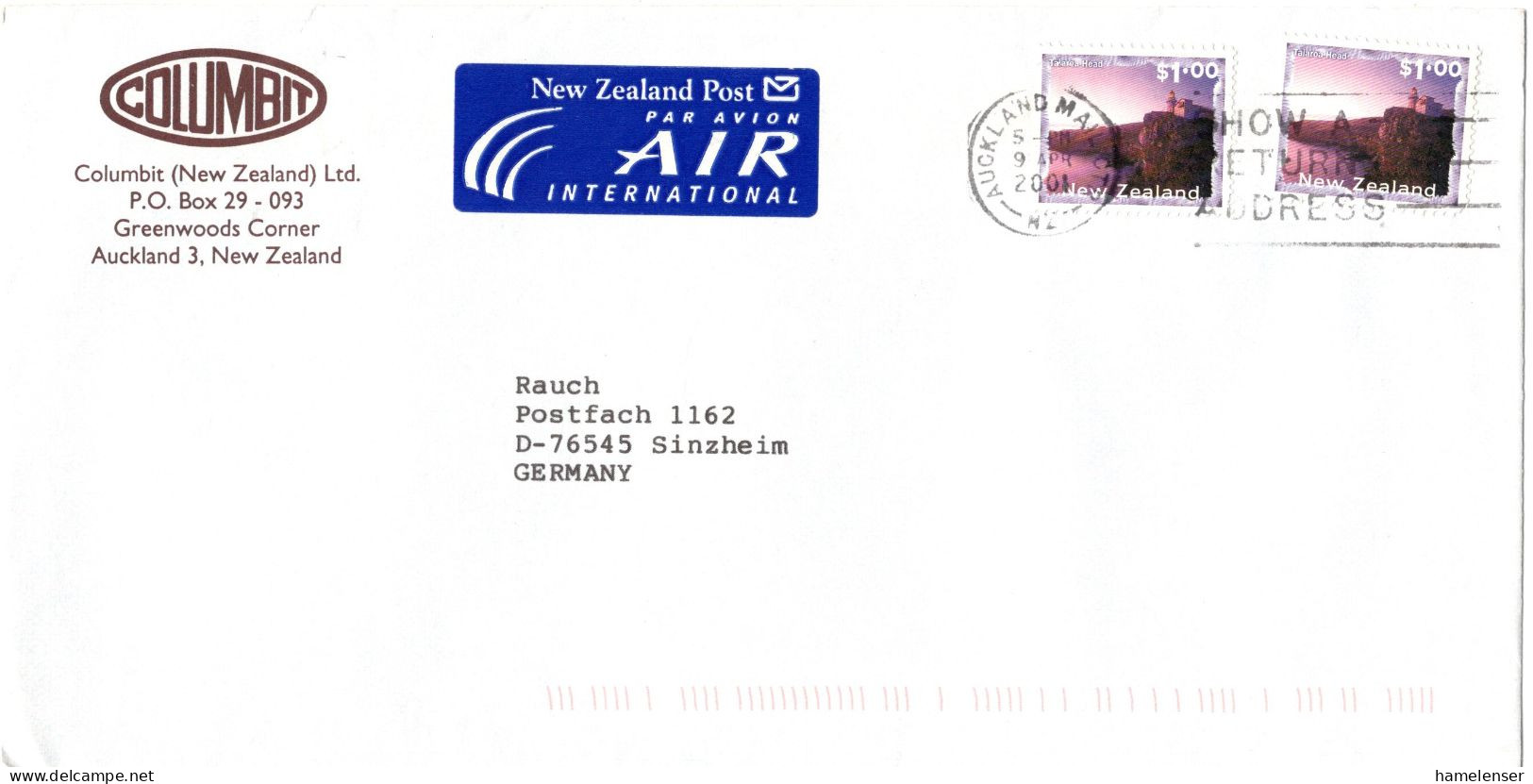 L77505 - Neuseeland - 2001 - 2@$1 Landschaften (1x Mgl) A LpBf AUCKLAND -> Deutschland - Briefe U. Dokumente