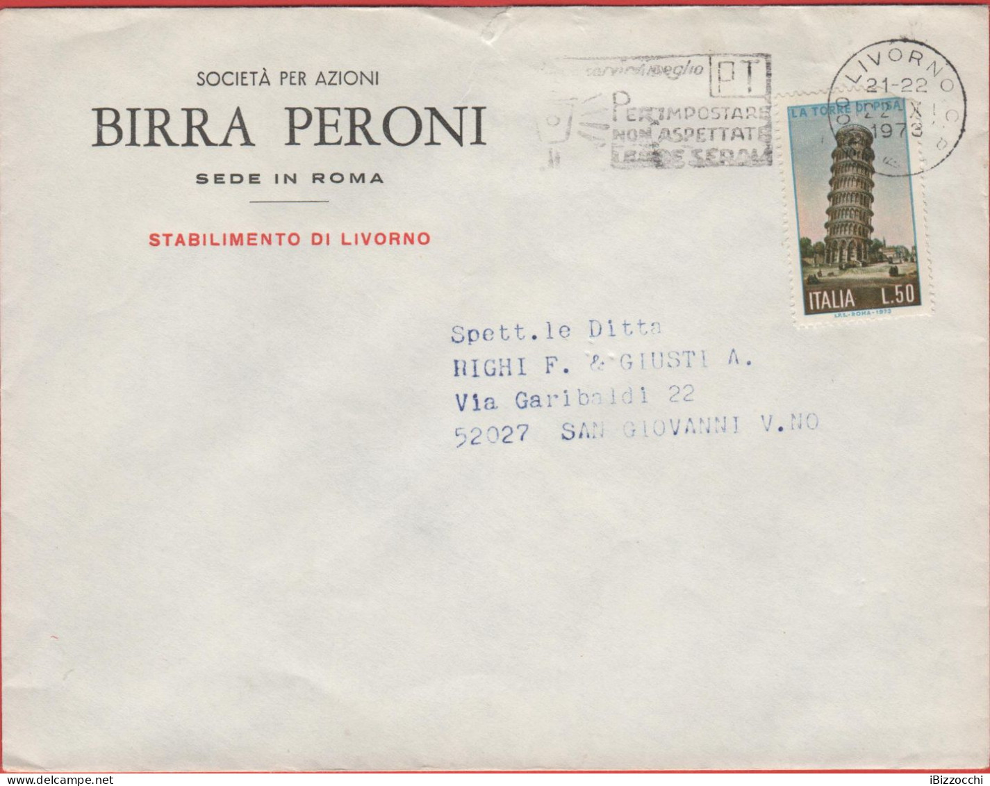 ITALIA - Storia Postale Repubblica - 1973 - 50 Torre Di Pisa (Isolato) - Viaggiata Da Livorno Per San Giovanni - 1971-80: Marcophilie